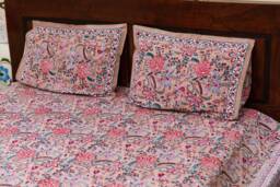 Mirai - Jaipuri Hand Block Printed Cotton Bed Cover With Two Pillow Cases, Flat Sheet, King Size, Floral, Ethically Made, Handcrafted - thumbnail 1