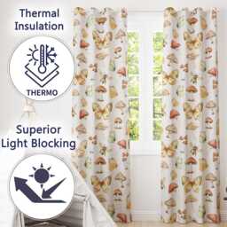 Vintage Butterflies Bees Mushrooms Nature Seamless Pattern Light Grey Readymade Eyelet Ring Top Thermal 100% Blackout Curtains - thumbnail 3