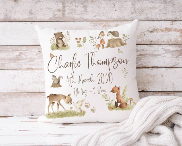 Personalised Woodland Animal Baby Cushion - Children's Keepsake Pillow Animal New Christening Gift Fox Deer Bear