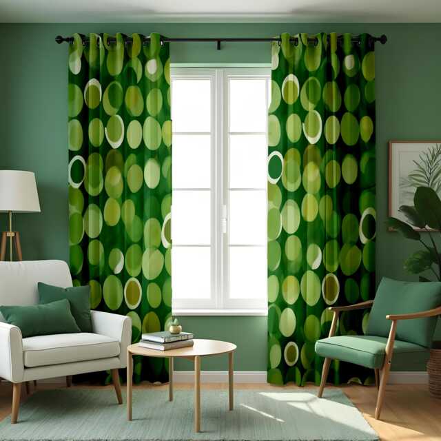 Modern Green Polka Dot Curtains, Bold Circle Design Drapes, Contemporary Window Treatment, Vibrant Yellow Pattern Curtain Panels - image 1