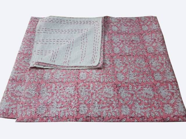 Indian Handmade Decorative Beautiful Floral Design Kantha Quilt Perfect Bed Matching Bedspread Queen Size - image 1