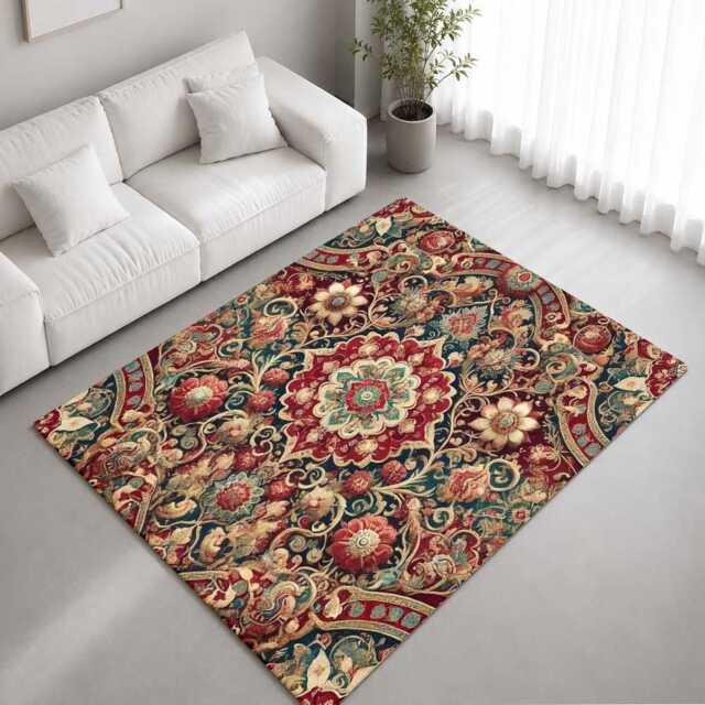 Red Teal Ornate Floral Medallion Rug Non-Slip Soft Area Carpet Bedroom Living Room Hallway Mat Decor - Made in UK - image 1