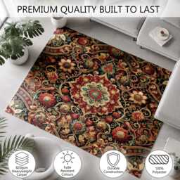 Red Teal Ornate Floral Medallion Rug Non-Slip Soft Area Carpet Bedroom Living Room Hallway Mat Decor - Made in UK - thumbnail 3