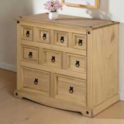 Solid Pine 9 Drawer Chest Rustic Wooden Sideboard Storage Cabinet