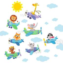 Airplanes Wall Decal, Flying Sticker, Jungle Safari Animals With Planes Kids Nursery Baby Room Decor - thumbnail 1