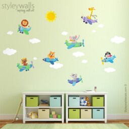 Airplanes Wall Decal, Flying Sticker, Jungle Safari Animals With Planes Kids Nursery Baby Room Decor - thumbnail 2