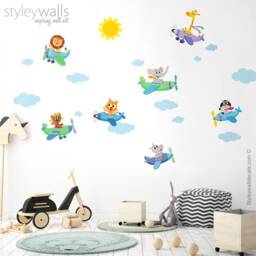 Airplanes Wall Decal, Flying Sticker, Jungle Safari Animals With Planes Kids Nursery Baby Room Decor - thumbnail 3
