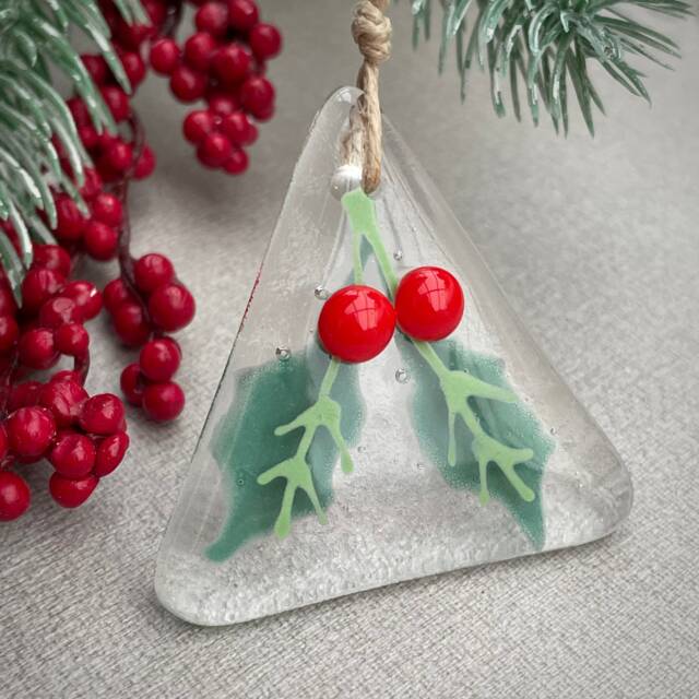 Holly Berry ~ Handmade Fused Glass Christmas Tree Decoration Triangle Clear - image 1
