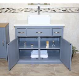 Bathroom Vanity Unit Grey Painted Wood Cabinet Wash Stand White Quartz & Ceramic Basin 1161Gwqcbc - thumbnail 3