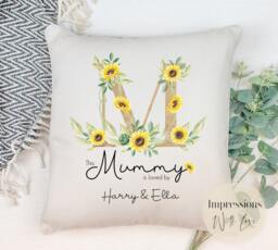 Personalised Mummy Cushion, Birthday Gift For Mum, Mother's Day, Custom Pillow, From Children, Kids, Sunflowers, Gifts For Her, Mamma, Mumma