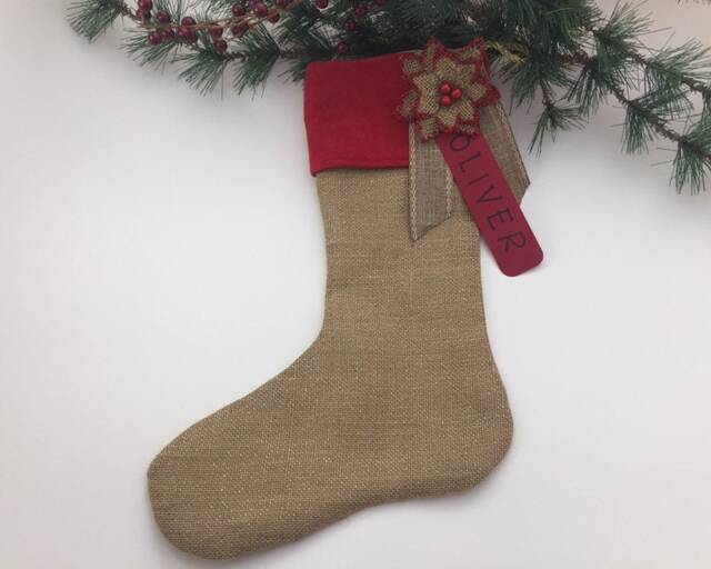 Burlap Christmas Stocking With Red Poinsettia, Rustic Holiday Decor - image 1