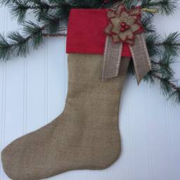 Burlap Christmas Stocking With Red Poinsettia, Rustic Holiday Decor - thumbnail 3