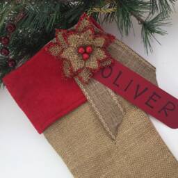 Burlap Christmas Stocking With Red Poinsettia, Rustic Holiday Decor - thumbnail 2