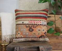 40cm - 16In Vintage Kilim Cushion Cover Handwoven - Authentic Pillow Hand Spun Wool Turkish Square - thumbnail 1