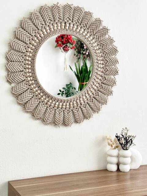 Beige Macrame Mirror, Bohemian Wall Decor, New Home Gift - image 1