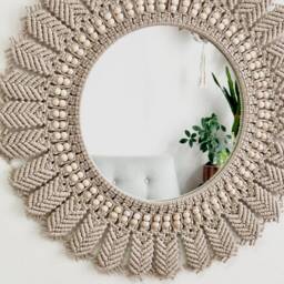 Beige Macrame Mirror, Bohemian Wall Decor, New Home Gift - thumbnail 3
