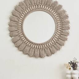 Beige Macrame Mirror, Bohemian Wall Decor, New Home Gift - thumbnail 2