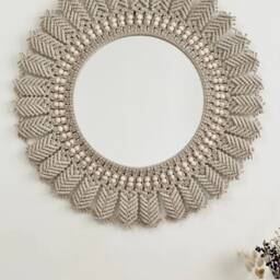 Beige Macrame Mirror, Bohemian Wall Decor, New Home Gift - thumbnail 4