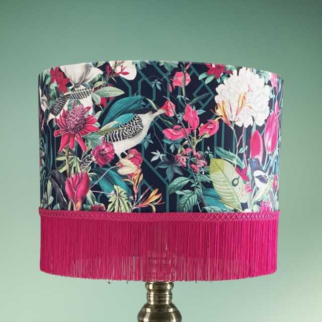 Green & Pink Tropical Birds Velvet Drum Lampshade With Hot Fringe - image 1