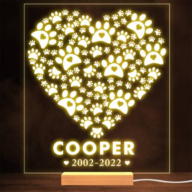 Paw Prints Pet Cat Dog Loss Memorial Dates Personalised Gift Lamp Night Light - image 1