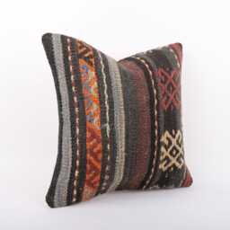 Bohemian Kilim Pillow 16x16 Turkish Wool Cushion Cover - thumbnail 3