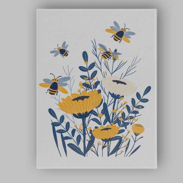 Bee & Wildflower Botanical Garden Illustration Yellow Blue Canvas Wall Art Print Decor Picture Ready To Hang - image 1