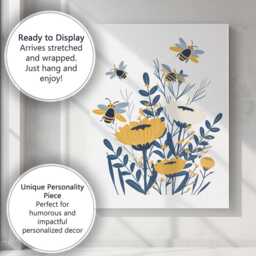 Bee & Wildflower Botanical Garden Illustration Yellow Blue Canvas Wall Art Print Decor Picture Ready To Hang - thumbnail 3