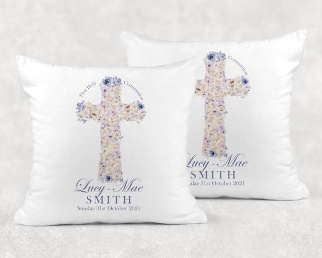 Personalised Holy Communion Floral Cross Cushion, Ideal Gift For A Special Day - image 1