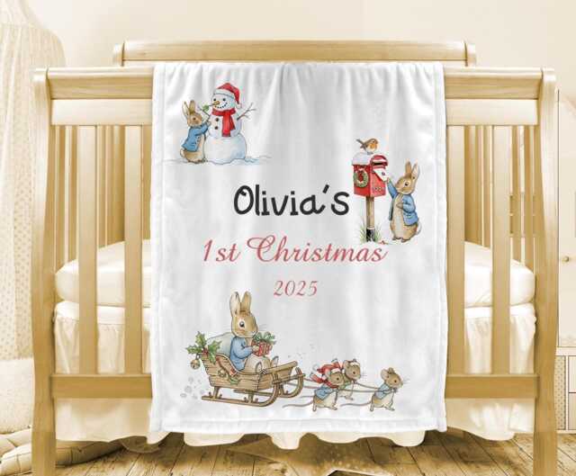 Personalised Baby Blanket, Custom 1St Christmas Rabbit Nursery Decor, Boy Or Girl Keepsake, Infant Stroller Blanket - image 1