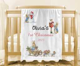 Personalised Baby Blanket, Custom 1St Christmas Rabbit Nursery Decor, Boy Or Girl Keepsake, Infant Stroller Blanket