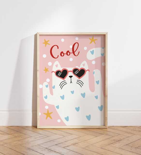 Cool Cat Print in Pink, Retro Girl Nursery Bedroom Decor, Teen Kids Wall Art - image 1
