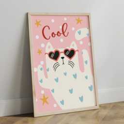 Cool Cat Print in Pink, Retro Girl Nursery Bedroom Decor, Teen Kids Wall Art - thumbnail 2