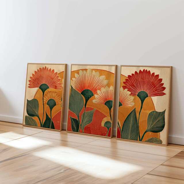 Retro Floral Wall Art Set Of 3, Mid Century Modern Botanical Prints, Warm Earth Tone Flower For Living Room Or Bedroom Decor - image 1