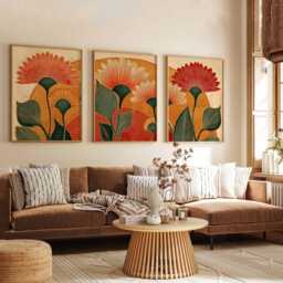 Retro Floral Wall Art Set Of 3, Mid Century Modern Botanical Prints, Warm Earth Tone Flower For Living Room Or Bedroom Decor - thumbnail 3