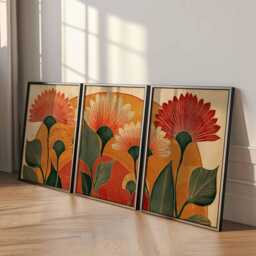 Retro Floral Wall Art Set Of 3, Mid Century Modern Botanical Prints, Warm Earth Tone Flower For Living Room Or Bedroom Decor - thumbnail 2