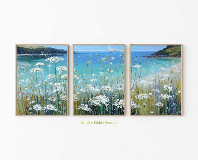 Coastal Landscape Print Set Beach Flowers, Blue Ocean Wall Art - image 1