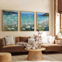 Coastal Landscape Print Set Beach Flowers, Blue Ocean Wall Art - thumbnail 3