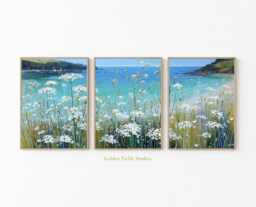 Coastal Landscape Print Set Beach Flowers, Blue Ocean Wall Art - thumbnail 1