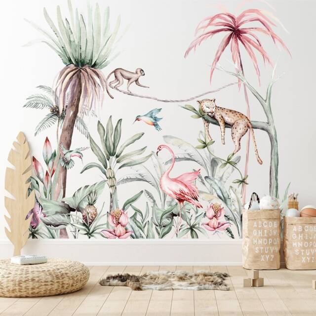 Tropical Jungle Leaf Animal Wall Mural - Monkey Flamingo Leopard Bird Decal Nursery Stickers By Dizzy Duck - image 1