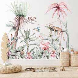 Tropical Jungle Leaf Animal Wall Mural - Monkey Flamingo Leopard Bird Decal Nursery Stickers By Dizzy Duck - thumbnail 1