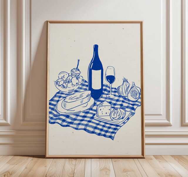 Wine & Cheese Kitchen Wall Art, Minimalist Picnic Poster, Blue Line Illustration, French Country Dining Room Print - image 1
