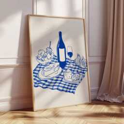 Wine & Cheese Kitchen Wall Art, Minimalist Picnic Poster, Blue Line Illustration, French Country Dining Room Print - thumbnail 2