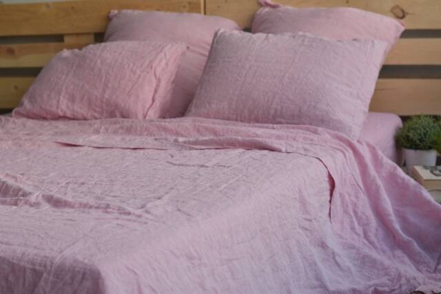 Linen Sheet Set in A Melange Pink Color Queen King Twin Linen Bedding Set Luxury Eco Rose Bed - image 1