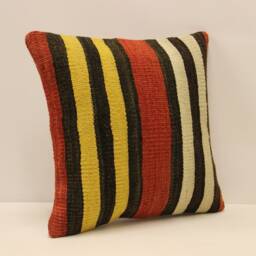 Vintage Turkish Kilim Pillow Cover, 16x16 Wool Cushion - thumbnail 2