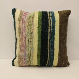 Handmade Kilim Pillow Cover, Striped Wool Cushion - 20x20 - thumbnail 1