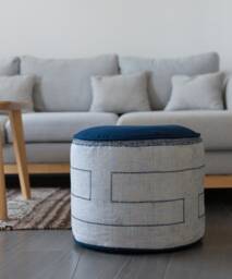 Vintage Hmong Hill Tribe Fabric Pouf Ottoman, Indigo Blue, Kapok Insert