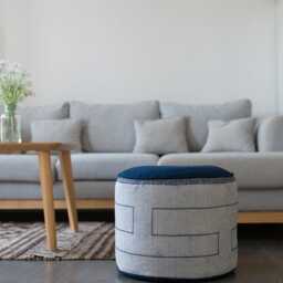 Vintage Hmong Hill Tribe Fabric Pouf Ottoman, Indigo Blue, Kapok Insert - thumbnail 2