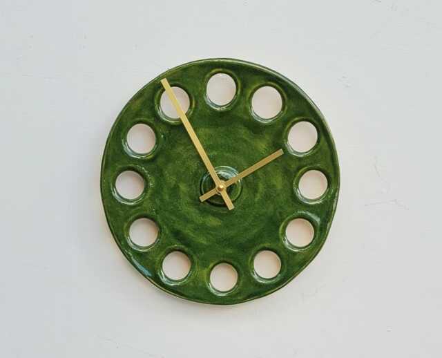 Circular Round Green Glazed Stoneware Ceramic Minimalist Wall Clock 25 cm Diam - image 1