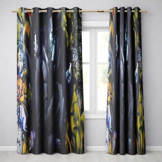 Romantic Couple Kiss Dark Urban Graffiti Modern Expressive Artwork For Home Decor Readymade Eyelet Ring Top Thermal 100% Blackout Curtains - image 1