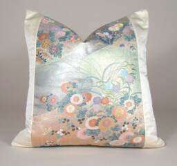 Japanese Silk Obi Pillow Cover Spring Floral Silver Accent, Luxury Decor